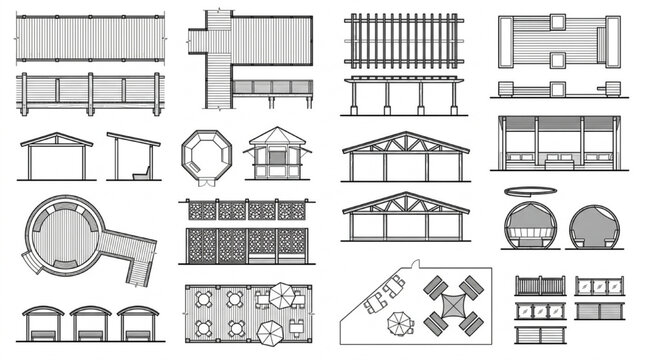Architectural gazebo structures and timber deck layouts 2D CAD blueprint set
