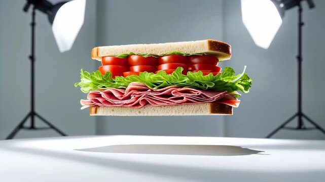 Layered sandwich with fresh tomatoes, lettuce, and ham floating above a clean surface, illuminated by studio lights in a minimalistic setting