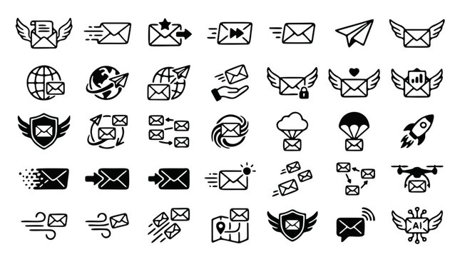 Hand drawn email icons set, 35 black doodle mail and message symbols, fast delivery and global communication vector elements for web design