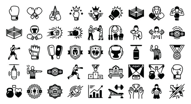 Boxing and Combat Sports Icon Set, 45 Black Line Vector Symbols of Martial Arts Equipment, Professional Boxing Ring and Athlete Training Gear