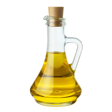 Glass bottle with olive oil, isolated on cutout transparent background