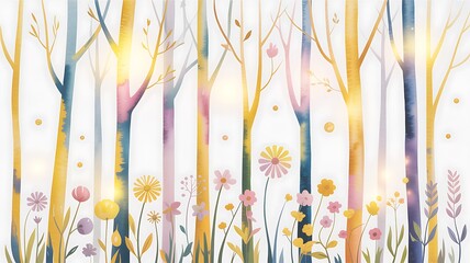 Obraz premium Enchanting watercolor forest scene showcasing tall colorful tree trunks and radiant wildflowers