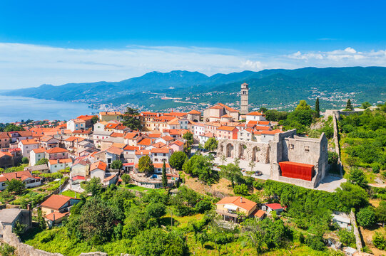 Aerial view of old town of Kastav above Kvarner bay in Croatia