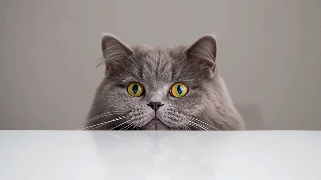 Gray Persian cat with striking yellow eyes peeks over a white table, showcasing curiosity and engagement in a minimalist indoor setting