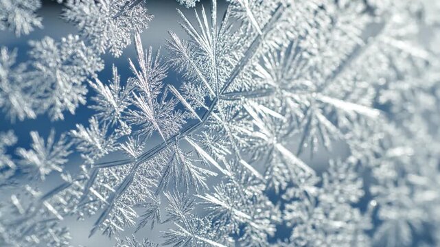Macro Close-up of Intricate Frost Patterns Forming on a Cold Windowpane