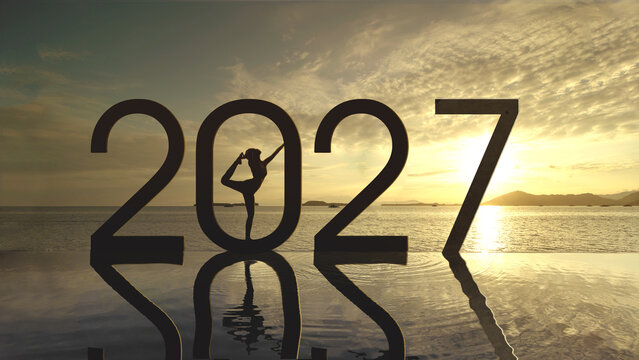 Silhouette of Woman Doing Yoga Inside 2027 Text on Pool Deck at Sunset