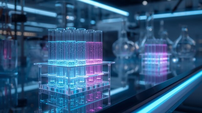 Futuristic Laboratory with Glowing Blue and Pink Test Tubes on a Conveyor Belt.