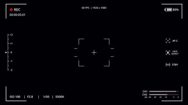 Minimal camera viewfinder overlay with recording status, focus frame, exposure meter, battery indicator, audio level, camera setting. Video camera viewfinder with clean interface for cinematic