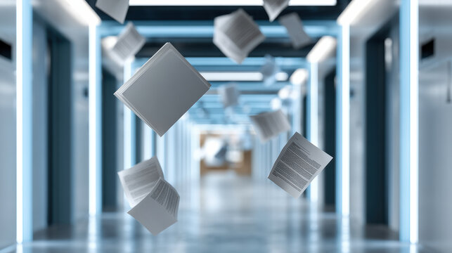 Flying paper document corridor modern office blue light, dynamic motion, business chaos, administration, stress, paperwork
