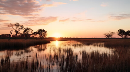 Fototapeta premium Serene Sunset Over Reflective Wetland with Silhouetted Trees and Calm Water