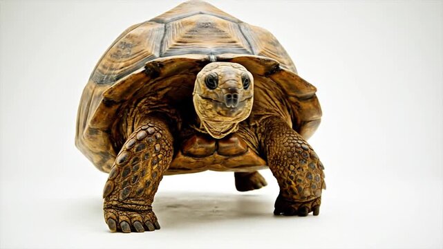 Close up of a large tortoise walking slowly against a white background
