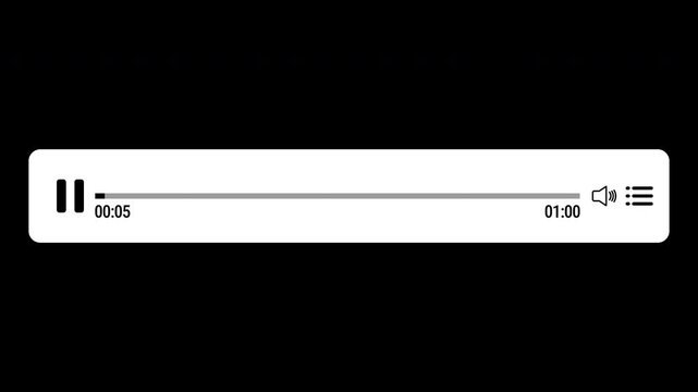 Audio music player overlay timeline bar moving with track animation. Audio video control bar with play pause seek and volume.  One minute music player animation. 4K video