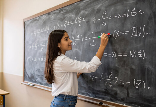 Latin American Teenager Solving Math Equations in Classroom