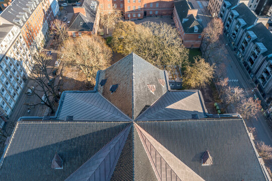 Church of Our Saviour Roof Geometric Aerial View, Vor Frelsers Kirke, Copenhagen, Denmark, Symmetrical Architecture, Top Down Perspective