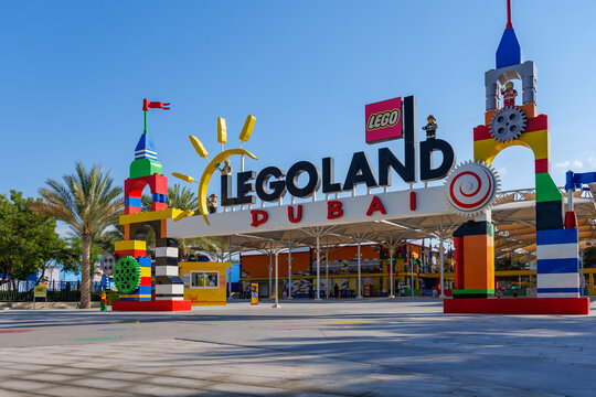 Dubai, UAE - January 18, 2026: Entrance to LEGOLAND Dubai at Dubai Parks and Resorts. Colorful theme park gateway is a recognizable landmark and one of Dubai popular family entertainment attractions