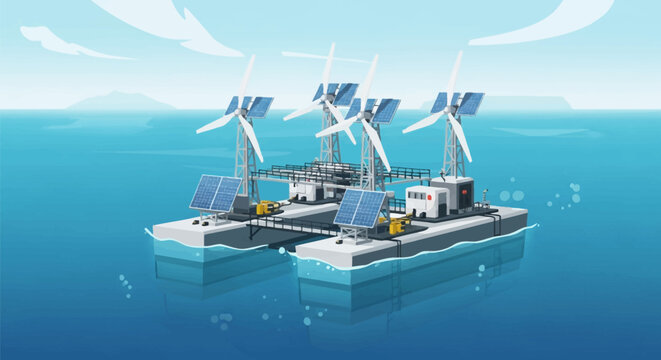 Floating offshore hybrid renewable energy platform illustration featuring wind turbines and solar panels on a catamaran base in the ocean with blue water and sky background.