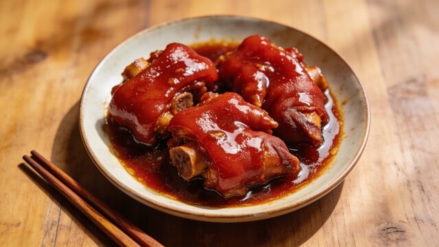 Rich braised pork trotters cooked with red fermented tofu sauce, served on wooden table