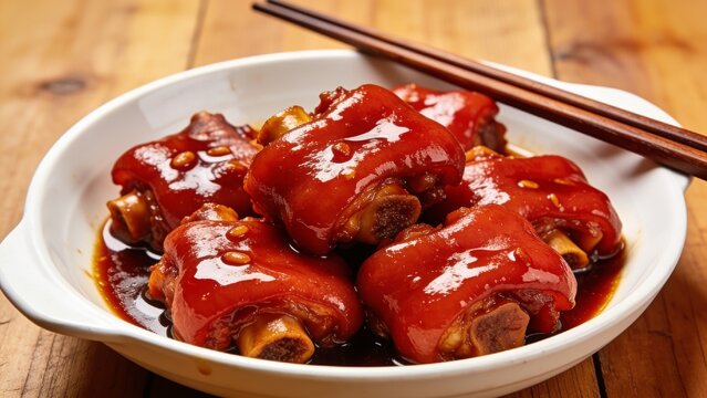 Traditional Hong Kong-style braised pig feet with red fermented beancurd, top-down food photography