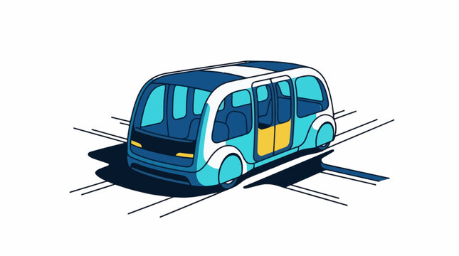 A futuristic electric bus with a sleek design and large windows travels on tracks