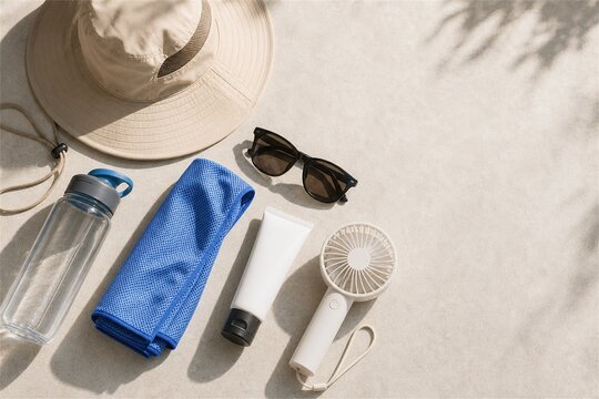 Extreme heat safety kit with water bottle cooling towel and sunscreen