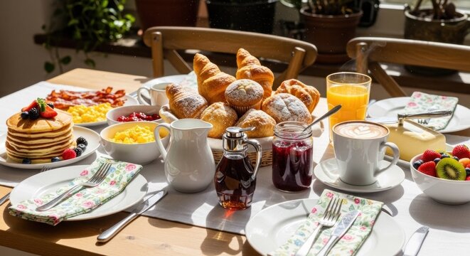 A wooden table with a breakfast spread including pancakes, eggs, fruit, and coffee, with a chair and a vase in the background.