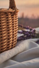 Obraz premium Wicker picnic basket on blanket with lavender flowers at sunset outdoors
