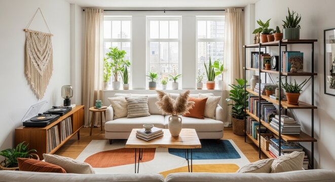 A cozy living room with a white couch, a coffee table, and various plants on shelves.