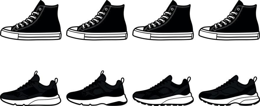 Black and white sneaker icon collection featuring classic high top canvas shoes and modern athletic running trainers vector illustrations for streetwear fashion designs
