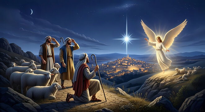 Angel appearing to shepherds in the field at night biblical christmas scene