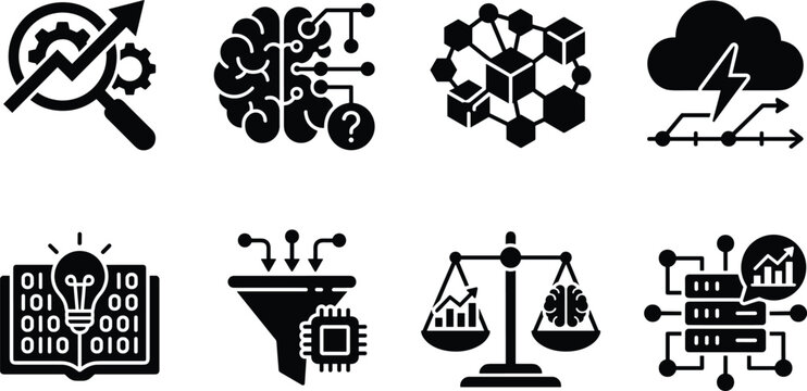 Artificial intelligence data analytics and machine learning icon set with technological infrastructure and smart optimization symbols