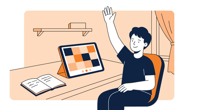 Student Raising Hand to Participate in Online Video Class Flat Vector Illustration
