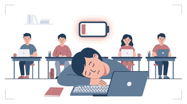 Exhausted Student Slumped Over Keyboard with Low Energy Flat Vector Illustration