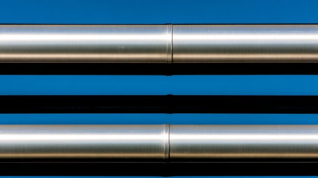 Industrial pipeline structure close-up, metallic silver tubes against blue sky,