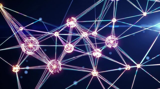 Graphical representation of systems with highlighted connections. Interactive visual display showcasing complex system relationships through luminous circular nodes and connecting lines.