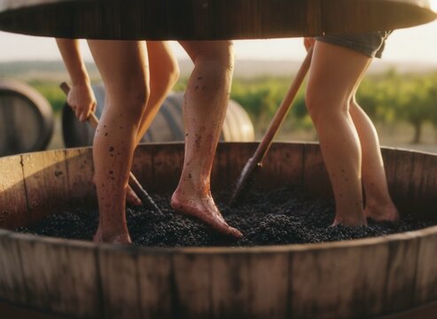 People stomping grapes in a wooden barrel at a vineyard during sunset