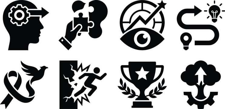 Business insight and personal growth icon set with puzzle solution breakthrough and victory trophy symbols