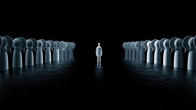 A human figure is surrounded by identical speech bubbles reflecting back. This scene shows echo chamber ideas with a dark background and cool tones.