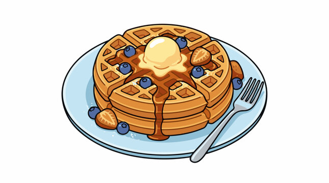 A stack of golden waffles on a blue plate with butter, blueberry, and syrup