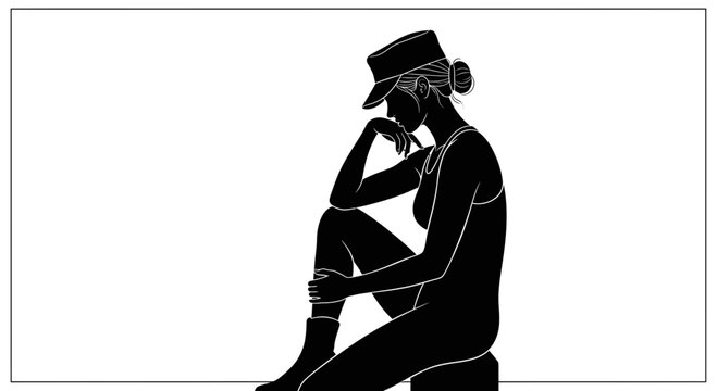 Silhouette of a thoughtful woman in a military-style hat, sitting with her hand on her chin, conveying contemplation.