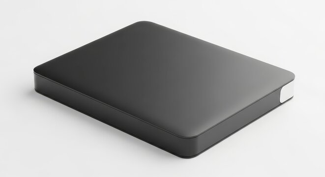 Black external hard drive on white.