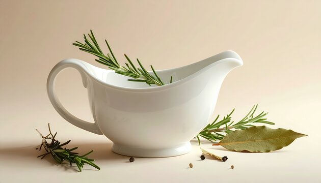 White gravy boat with rosemary and spices.