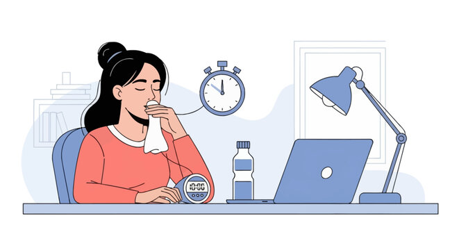 Vector illustration of a woman sitting at a desk with a laptop, breathing into a paper bag to manage stress or a panic attack, with a stopwatch and digital clock shown in a flat style.