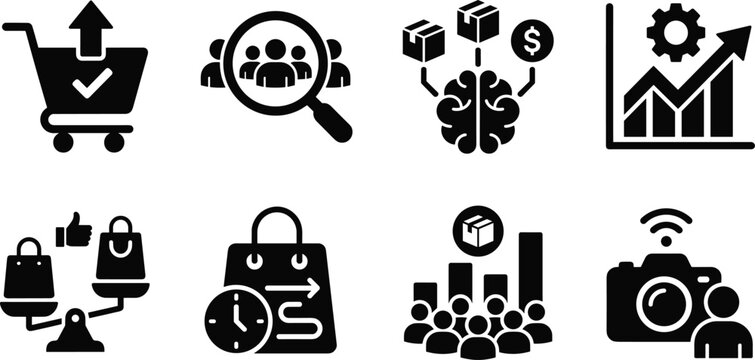 E-commerce business strategy and consumer behavior analytics icon set with market research and sales logistics symbols