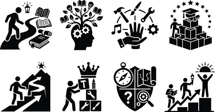 Education and personal development icon set with career growth mentoring knowledge and self improvement symbols