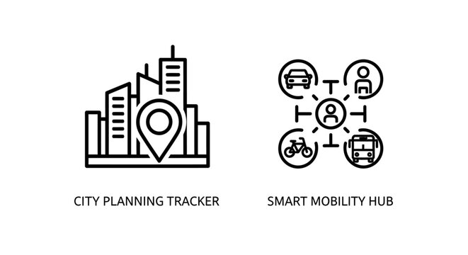 City urban planning tracker and smart mobility transportation hub icons