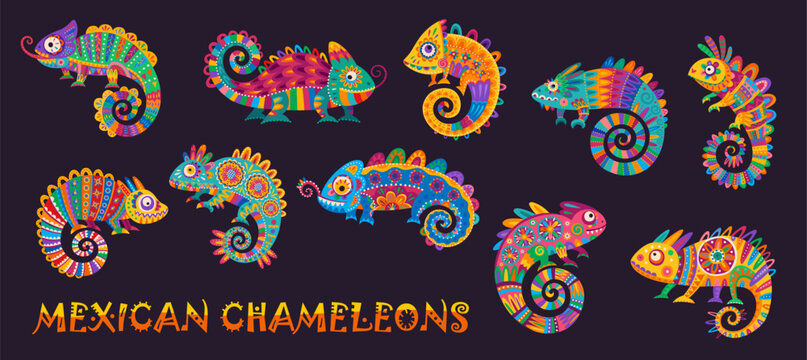 Mexican chameleon animal characters, cartoon Mexico traditional alebrije lizard mascots. Funny colorful chameleons with mexican folk art floral patterns of talavera flowers and geometric ornaments