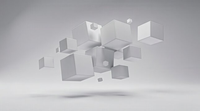 Abstract white cubes of various sizes float in a minimalist grey space, creating a modern and futuristic 3D geometric composition.