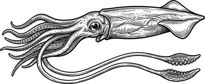 Realistic squid isolated on white background, detailed vintage engraving vector illustration for seafood menu design