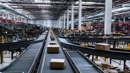 Fototapeta premium A massive industrial warehouse features boxes moving along conveyor belts illustrating the organized flow of logistics and supply chain ope ns