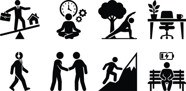 Work life balance and employee wellness icon set with stress management self care and professional health symbols